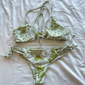 Green & White Floral Strappy Bikini Set